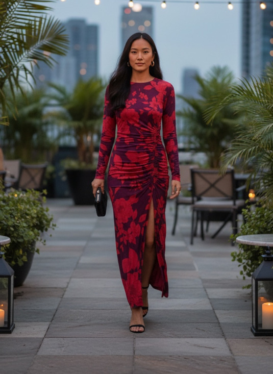 Taylor Dresses & Skirts - Taylor Women’s Purple/Red Long Sleeve Ruched Maxi Foral Dress, Size 4